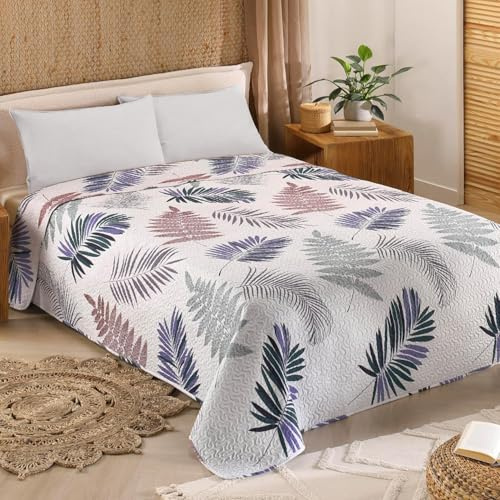 Delindo Lifestyle Copriletto trapuntato largo per letto matrimoniale Motivo foglie tropicali 220 x 240 cm