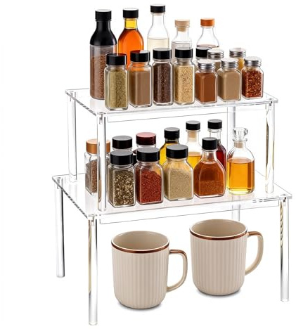 QUTHZZHY Clear Gewürzregal, 2er Pack Transparent Küchenschrank Organizer, Acryl Küchen Organizer Regal, Stapelbare Gewürzregal Stehend, Speisekammer, Regal für Arbeitsplatte Küche