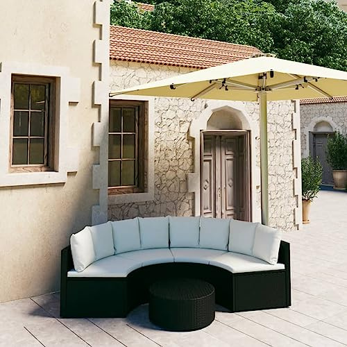 LoogCape Ensemble de canapé de jardin 5 pièces en polyrotin noir avec coussins blanc crème - Ensemble de salon d'extérieur en forme d'éventail pour terrasse, balcon et jardin
