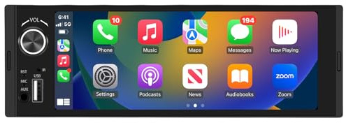 Junsun 1-DIN Autoradio mit 6,36 Zoll IPS-Touchscreen CarPlay Android Auto | Lenkradsteuerung, Rückfahrkamera-Anschluss, USB, externes Mikrofon & RDS