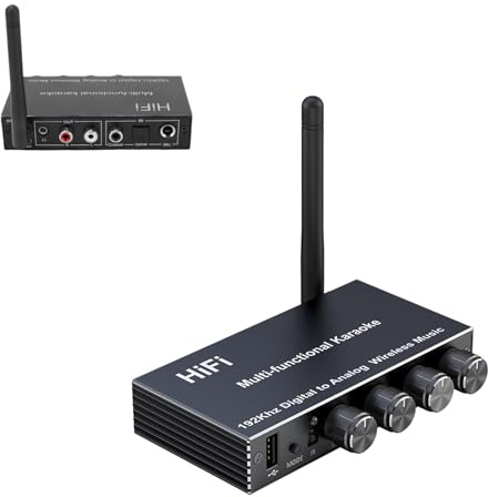 Plyisty Bluetooth 5.4-Empfänger-Karaoke-Mixer, Digital-Analog-Audiokonverter mit Mikrofon, Optischer Koaxialer USB-Eingang, 3,5-mm-AUX-Ausgang für Heim-TV-Stereoanlage