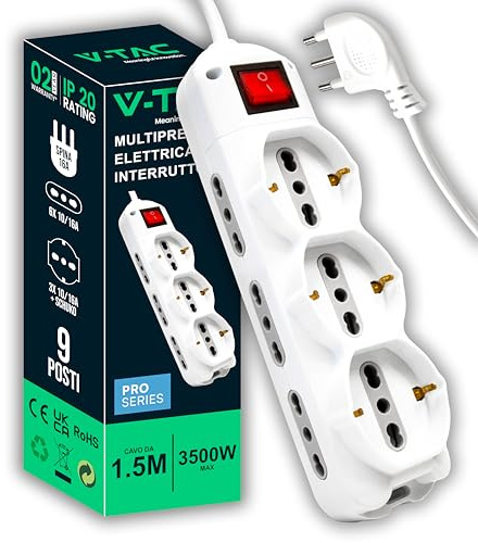 V-TAC Multipresa Elettrica 9 PRESE con Interruttore e Cavo 1,5mt - 6 Prese Laterali 10/16A Bipasso e 3 Frontali 10/16A Bipasso Shuko - Presa per Casa, Ufficio, Negozio - Ciabatta - Spina 16A