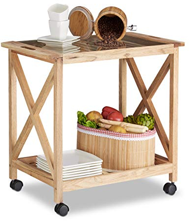 Relaxdays Carrello Portavivande Cucina, Legno di Noce Carrellino con Ruote Piano in Vetro, 63x66,5x38 cm, Marrone Chiaro