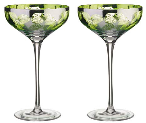Artland Tropical Leaves Champagne Saucer Set of 2, Glass, Green, 350ml Capacity, Champagne Glass