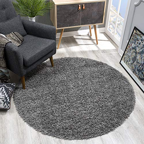 SANAT Teppich Rund - Grau Hochflor, Langflor Modern Teppiche fürs Wohnzimmer, Schlafzimmer, Esszimmer oder Kinderzimmer, Größe: 150x150 cm