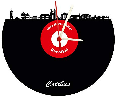 Wanduhr Cottbus Skyline,rot-weiß, Fußballuhr, hochwertige Acrylglasuhr Wanduhr mit Quarzwerk
