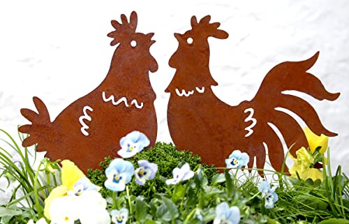 LB H&F 2er Set Hahn und Henne Gartenfigur Hühner Lilienburg Osterdeko Frühlingsdeko Roststecker Rost Metall Rosthuhn wetterfest (Hühner am Stab)