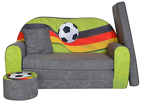 FORTISLINE Kindersofa XXL 2-Sitzer ausklappbar - Kindercouch mit Hocker und Kissen, Kinderzimmer Sofa mit Liegefläche bis 160 cm, Oeko-TEX, hergestellt in der EU, Fußballmotiv