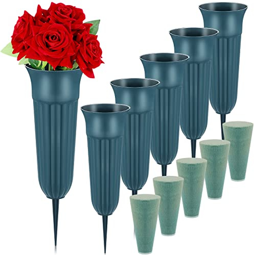 BBTO 6 Sets Large Cemetery Vases for Grave with Spikes and Foam Inserts, Memorial Grave Vases Cemetery Decoration Flower Holder for Fresh and Artificial Flowers(Taper)