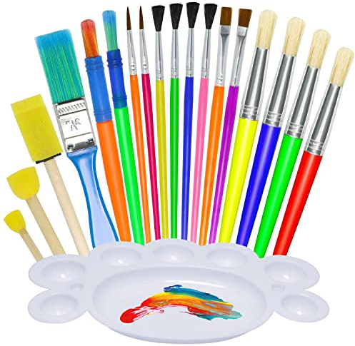 Jiosdo Kids Paint Brushes, 19pcs Childrens Painting Brush Set with Palettes | Colorful Art Brushes for Children Toddlers Beginners, Watercolor, Oil, Acrylic