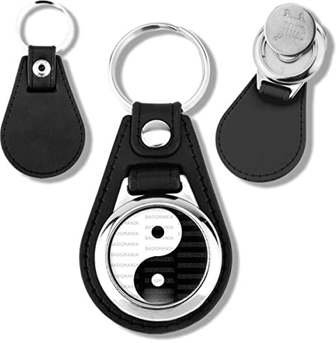 Badgmania Porte Clés Cuir Vegan Jeton de Caddie Yin Yang Blanc Noir Harmonie Equilibre Feng Shui Paix Peace Amour Love