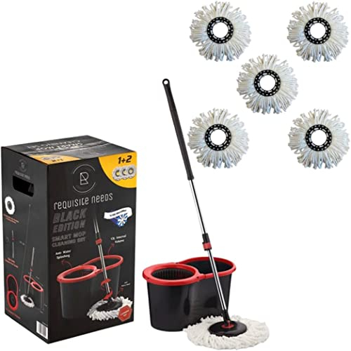 Requisite Needs Smart mop cleaning set – Black edition – Anti-splashing Strong And Sturdy Material – Easy Floor Moping System – 1x Bucket+3 Replacement Mop Heads – 13 Liter (Mop + Bucket + 5 Refills)
