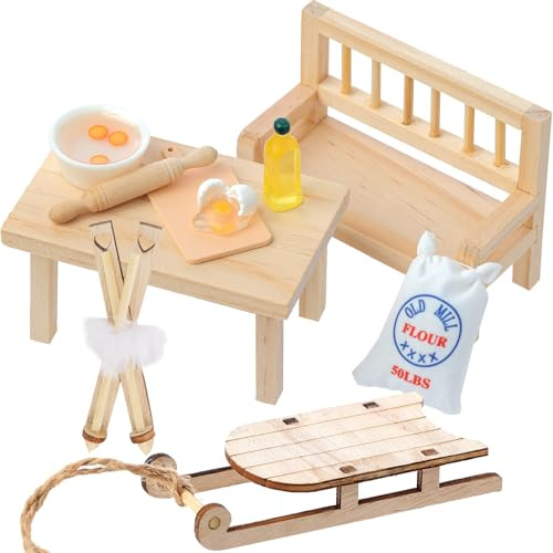 Miniatur Wichtel Zubehör, 10 Pcs Wichteltür Zubehör Weihnachten, 1/12 Mini Puppenhaus Zubehör, Miniatur Tisch Küche Wichtelhaus Zubehör, Schlitten Holz Puppenhaus Zubehör, Weihnachtswichtel Zubehör