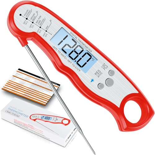 Instant Read Meat Thermometer for Grill and Cooking, Fast & Precise Digital Food Thermometer with Backlight, Magnet, Calibration, and Foldable Probe for Kitchen, Outdoor Grilling and BBQ!