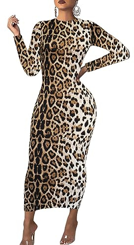 Vestido Ajustado de Manga Larga para Mujer, Maxi, Casual, para otoño, Club, Fiesta, Largo y Ajustado, Marrón Leopardo, S