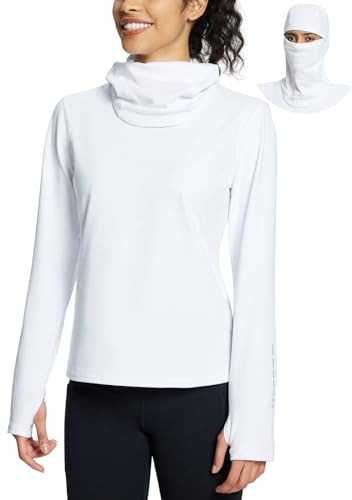 baleaf Winter Thermal Shirts Women Warm Fleece Running Tops with Balaclava and Thumbholes Outdoor Hiking Cycling White M