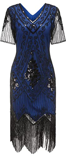 Gionforsy Damen 1920s Kleid mit Pailletten Kurzem Ärmel | V Hals, 20er Jahre Flapper Kostüm Kleid für Great Gatsby Motto Party Halloween Karneval Fasching