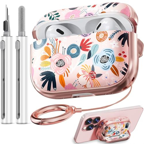 Inesore for AirPods Pro 2nd/1st Case (2023) with Lock-Pink Berry Flower | with Safty Lock,Two-Piece Design,with Gold Keychain & Clean Pen,Support Wireless Charging,Cute Luxury Case for Women Girly