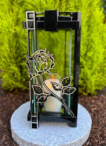 Lampada funeraria con rosa in argento, 33 cm di altezza, candela per sepoltura con candela senza base