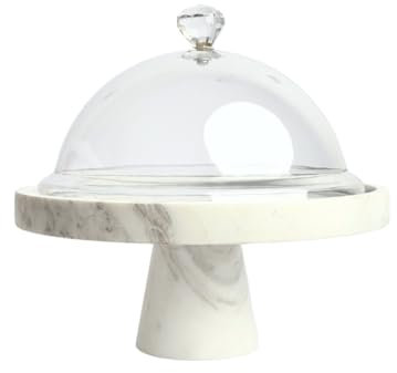 Natürlicher Weißer Marmor Kuchenständer - Tortenplatte mit Fuß, Tortenständer mit Plastik Deckel Cupcake-Drehtisch Kuchenglocke, Tortenplatten Rund Hochzeitstortenständer, Marble Cake Stand Lid