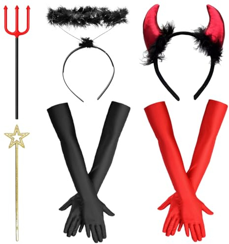 Capgoost Costume Halloween Donna Diavolo, Corna Diavolo, Aureola Angelo Nero, Cerchietto Halloween Donna, Accessori Halloween con Diavolo Forca, Cerchietto Diavolo per Halloween Feste in Maschera