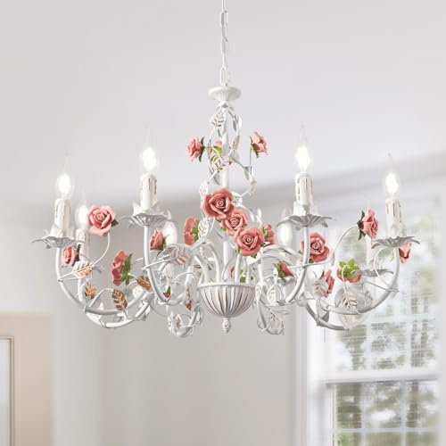 meibeileil Blumen Kronleuchter Vintage,Weiße Metall Esstisch Lampe Mit Rosa Keramikrose,Französischer E14 Kerzen Pendelleuchte FüR Wohnzimmer Schlafzimmer Landhaus MäDchenzimmer KüChe,8 Köpfe