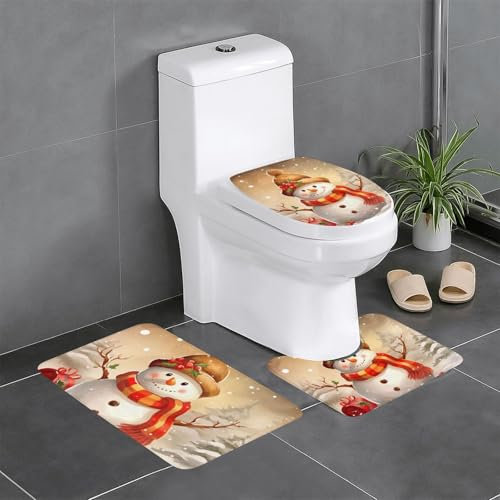 FLYIFE Weihnachtliches Schneemann-bedrucktes Badezimmermatten-Set, 3-teilig, Flanell, rutschfest, wasserabsorbierend, Badezimmerteppich-Set mit U-förmiger WC-Vorleger und WC-Deckelbezug