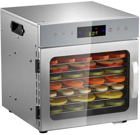 Essiccatore Alimentare Acciaio Inox, 8 Vassoi Con Display LCD, 24 ore Timer, 30-90°C Temperatura Regolabile,500W Essiccatore di Frutta e Verdura, Vassoi Lavabili in Lavastoviglie (8 lastre)