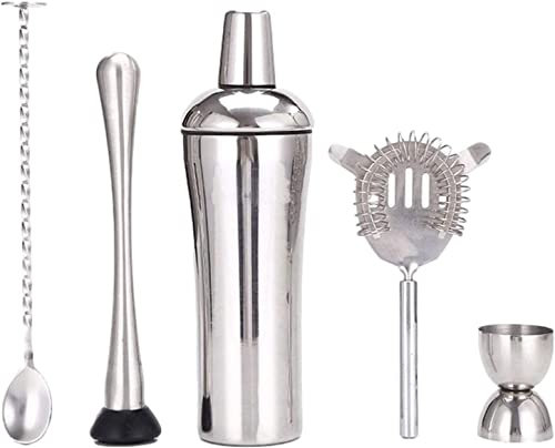 Juego de coctelera de 5 piezas, kit de barman de acero inoxidable, kit profesional para mezclar y coctelería, juego de herramientas de bar con estilo para el hogar. Color: dorado, plateado y plateado.