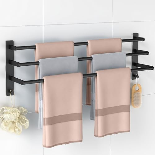 STWWO 80CM Handtuchhalter Ohne Bohren,Badezimmer Handtuchhalter Wandmontage Schwarz 3 Stangen Badetuchhalter Selbstklebend Bad Handtuchstange mit 2 Haken, Edelstahl