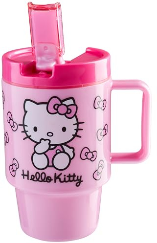 Get Trend Hello Kitty Sanrio Borraccia con Manico e Cannuccia, 500ml A Prova di Perdite Senza BPA Tazza Plastica, Riutilizzabile Travel Mug per Bevande Fredde (Rosa Hello Kitty)