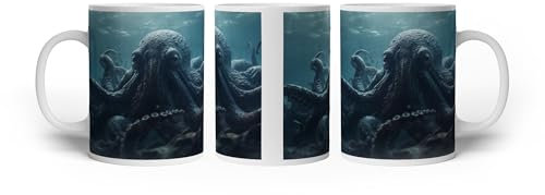 Tazza con motivo gigante marino in agguato all'ombra della profondità, 300 ml, in ceramica bianca, tazza da caffè/idea regalo