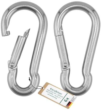 DSM – Karabinerhaken 8 x 80 mm – Edelstahl A4 rostfrei - Form C – 6 Stück | ähnl. DIN 5299C birnenförmig [TrueSpec] Tragkraft bis 230 kg – Federhaken, Befestigung Schlüsselanhänger, Camping Outdoor