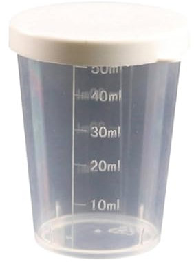 Bicchiere dosatore in plastica trasparente con coperchio, dosatore multiuso per medicina liquida, cucina e artigianato, facile da leggere, graduato (50 ml)