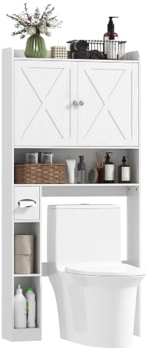 HOMCOM Meuble WC Dessus de Toilette Meuble Toilettes Rangement avec Placard à Porte de Grange, étagère réglable, Compartiments Ouverts et Porte-Papier, 81,5x19,6x172cm, Blanc
