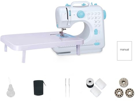 505A Mini Electric Sewing Machine, 12 Built-in Stitches with Extension Table, Portable Household Sewing Kit for Beginners, 27.5x12.1x26cm
