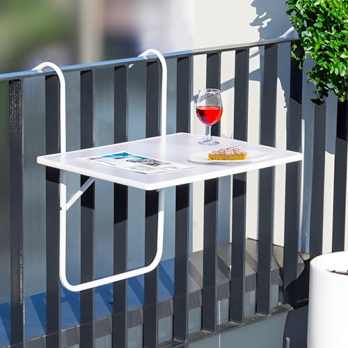 Schauer Balkonhängetisch klappbar 60x40 cm | Balkontisch zum Einhängen Balkon Hängetisch 3-Fach höhenverstellbarer Klapptisch Balkongeländer wetterfest Tischplatte | Weiß oder Grau (Weiss)