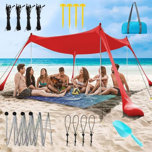 Tenda da Spiaggia 3 X 3 M, Tenda Parasole Spiaggia Portatile, Uv Upf 50+ Ombrellone Portatile Anti Sole Pop-Up con 4 Aste Con Sacco Di Sabbia, Ancora, Per Spiaggia, Picnic, Pesca, Campeggio(B Red,200*