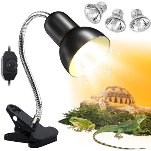 PQETBV Sköldpaddavärmelampa med 3 UVA UVB-glödlampor 25 W 50 W, reptilvärmelampa med 360° svängbar klämma lämplig för sköldpadda, orm, ödla, kakaduor, kameleont