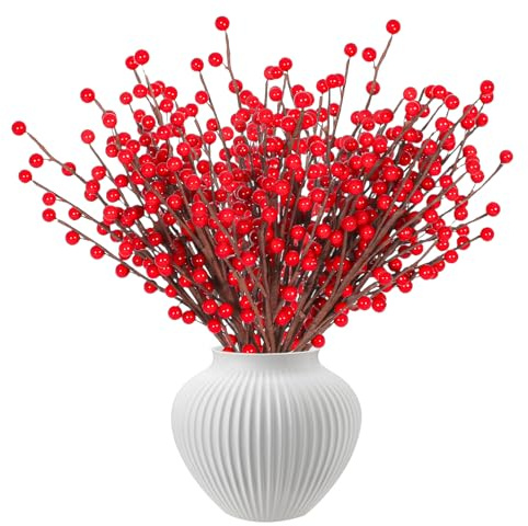 Breeze Touch 10 Pack Artificial Red Berry Stems,12.5inches Red Berry Picks Faux Holly Berry Branches for Christmas Tree Decorations, Holiday Home Decor and Wedding DIY Crafts