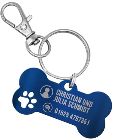 Personalisierte Hundemarke – Knochenform mit Pfotenausschnitt aus Edelstahl – Wunschgravur mit Symbolauswahl – Rostfrei, Langlebig & Wetterbeständig – in verschiedenen Farben erhältlich (Blau)