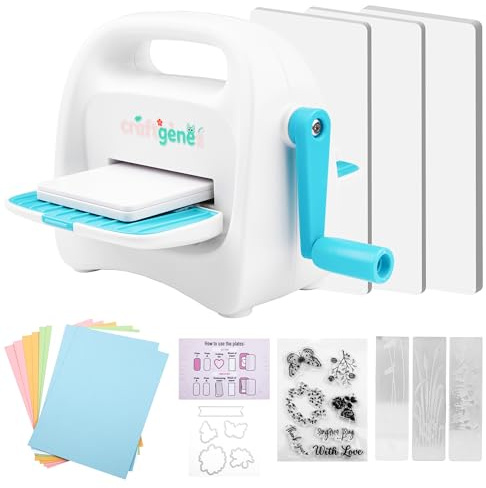 CraftGenes Mini Die Cutting Machine, 3 Inch Embossing and Die Cutting Starter Kit with Dies, Stamps, Embossing Folders and Cardstock for Scrapbooking, Card Making and Paper Crafts