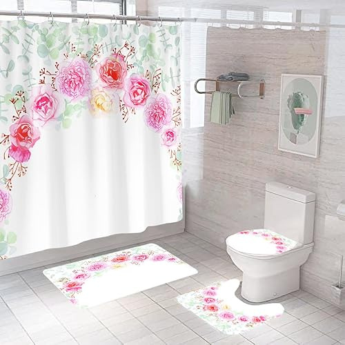 Badematten & Badteppiche Set 3 Teilig Badezimmerteppich Waschbar Badematte rutschfest,Wc Vorleger Mit Ausschnitt Und Badematte, Badvorleger Toilette Teppich 50×80Cm Rosa Blumen