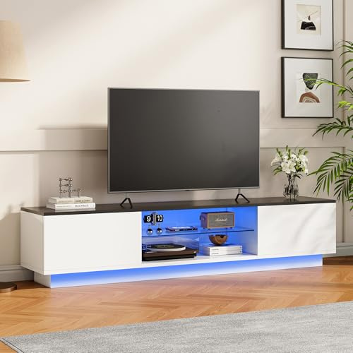 TIMORWTF Weiß LED TV-Unterschrank 140 cm, moderner TV-Unterschrank mit RGB-LED-Beleuchtung, TV-Unterschrank mit 2 Türen zum Aufbewahren und offenen Glasböden, für Wohnzimmer oder
