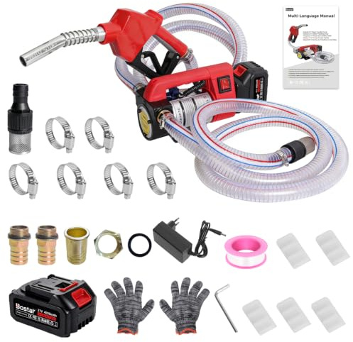 Bostar Pompe de Transfert Gasoil 21V (Compatible Makita), 45L/min Pompe à Fioul Auto-amorçante (5m) & Élévation 10m, Kit Pistolet Automatique & 5 Palettes de Rechange, pour Tracteur (GNR) & Chauffage