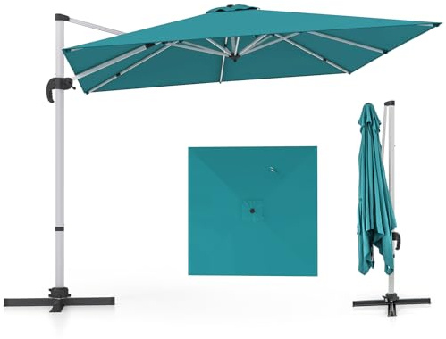 COSTWAY Sonnenschirm rechteckig 300 x 300 cm, großer Ampelschirm mit Kurbel, Gartenschirm neigbar, 360° drehbar, Terrassenschirm, Marktschirm für Garten, Terrasse, Balkon (Blau)