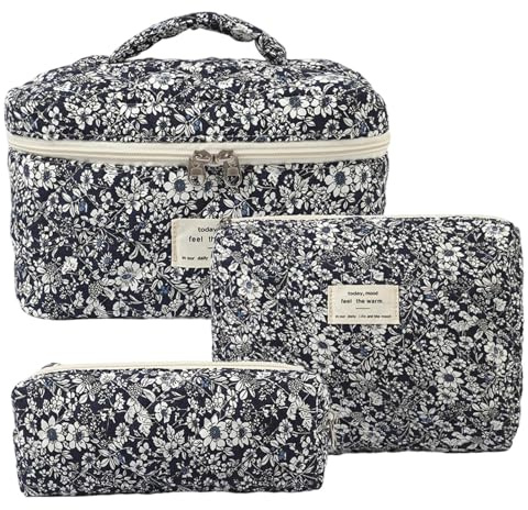 Set di Astucci Trucco Trapuntati 3 Pezzi In Cotone Trapuntato Grande | Set Borsette Trucco Per Ragazze Donne Scuola Esterno Casa Valigia Toeletta Bagno Lavaggio