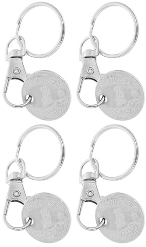 VANZACK 4pcs Stainless Steel Trolley Token Keychain Ornament Portable Shopping Cart Coin Remover Key Ring Set for Supermarket Grocery Use