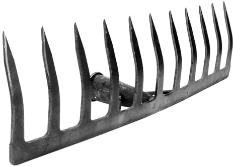 Tofficu Rastrillo de Jardín de Hierro de 11 Dientes, Herramienta Manual para Aflojar el Suelo y Recoger Hojas, Resistente para Agricultura y Jardinería, Accesorio para Huerto y Césped,
