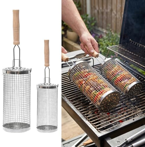 Rollender Grillkorb Set Edelstahl 304 mit Abnehmbarer Langer Holzgriff Schwenkgrill Grillkorb Ddelstahl für Camping Gadgets Outdoor Garten Gemüse, Geschenke für Papa Männer